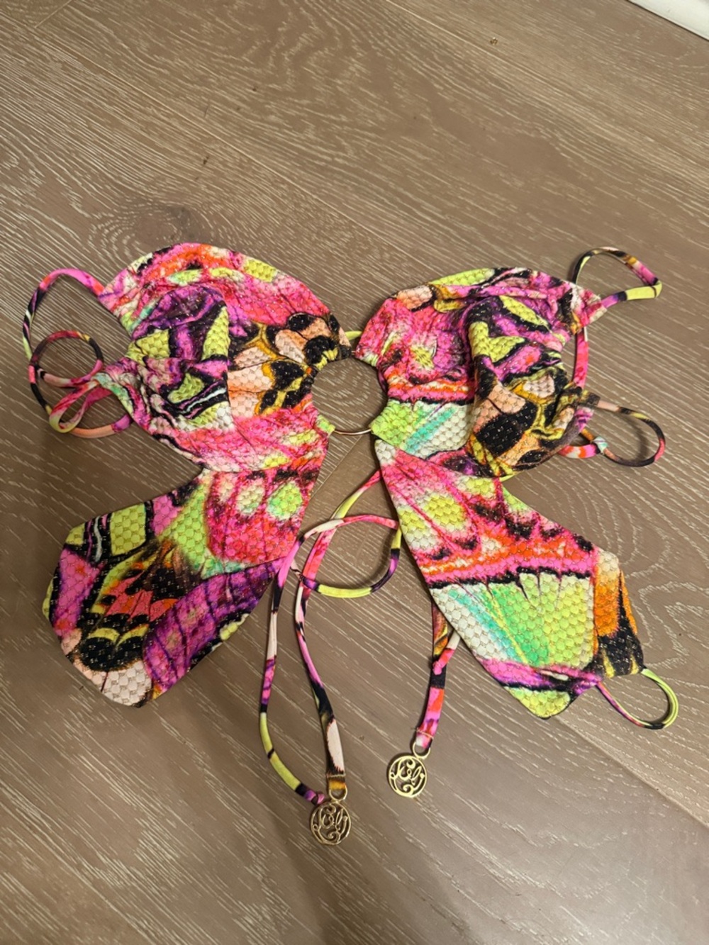 Luli Fama Multicolor Neon Pink Green Orange Bikini Top